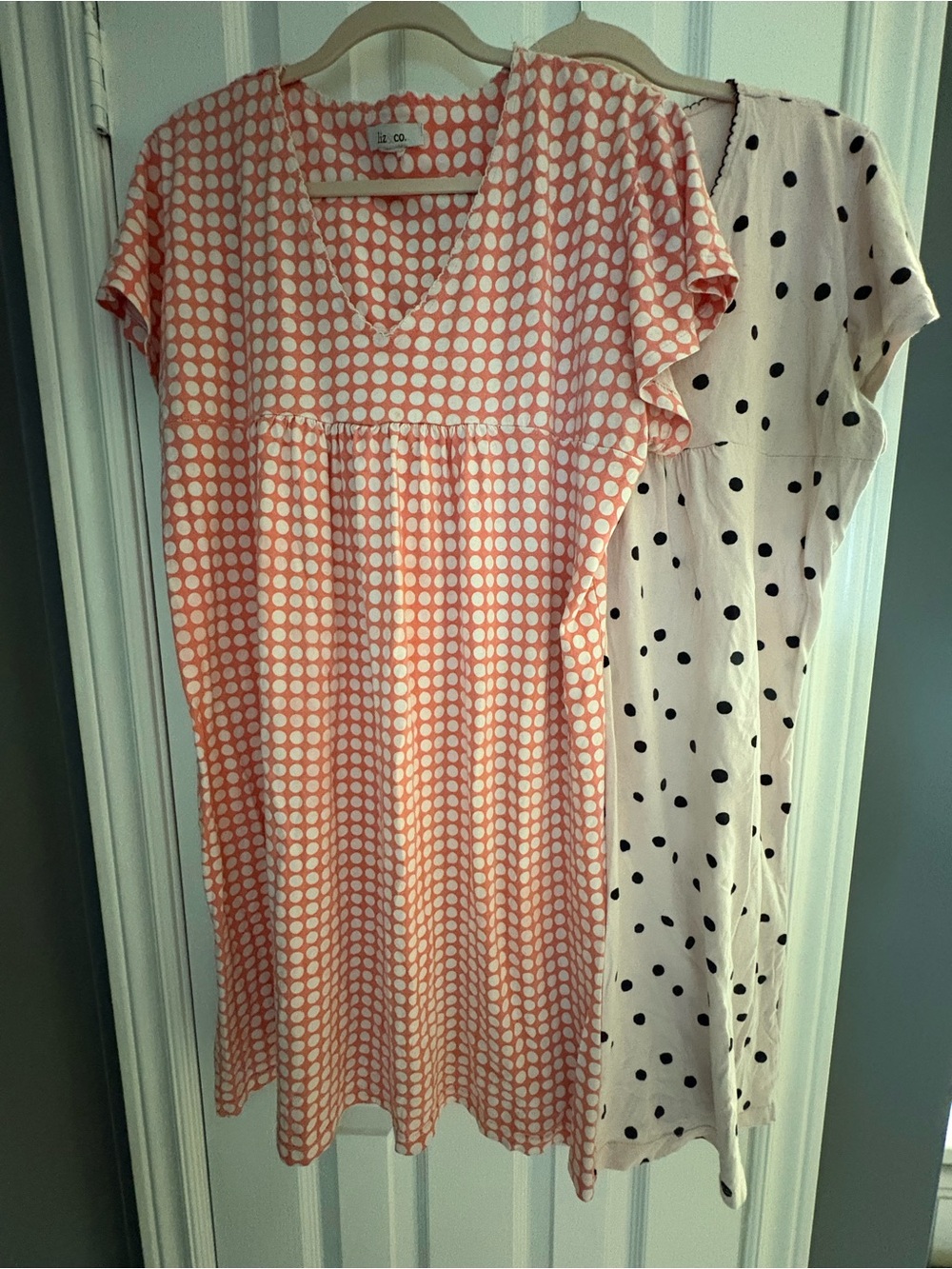 TWO LIZ & CO. DAY DRESSES Peach and White & Pink and Black Polka Dot V-neck